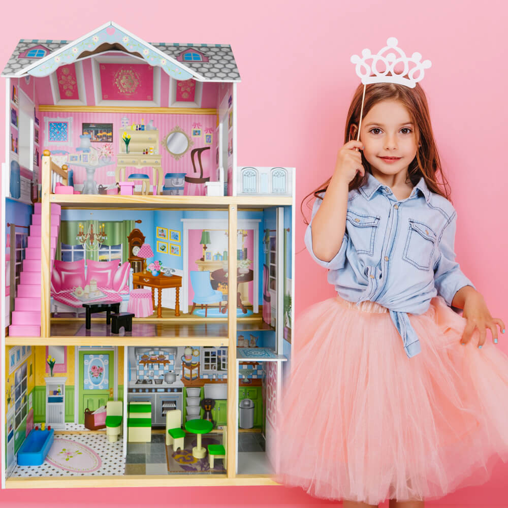 Drewniany domek dla lalek BARBIE trzy poziomowy + mebelki